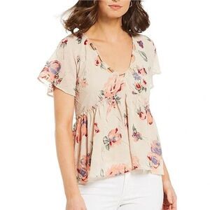 Lucky Brand Women’s Size Medium Fit Flare V Neck Blouse Cream Floral Semi Sheer